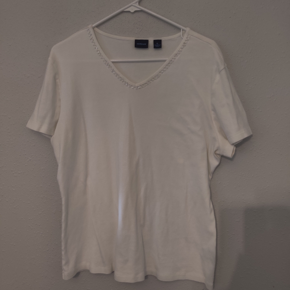 Westbound Cream Short Sleeve V-Neck Top